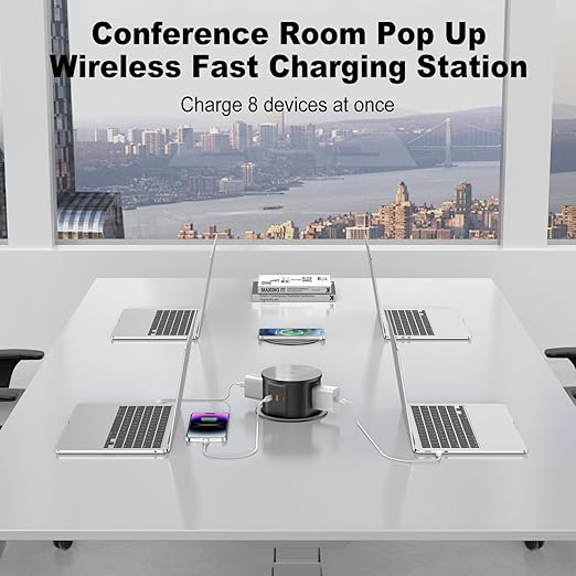 Pop Up Countertop Outlet with 15W Wireless Charger, PD 65W USB-C Ports & 4 AC Outlets, 800J Surge Protection, 4.75 inch Pop Up Electrical Outlet, 6Ft Cord for Home Office(ETL & FCC Listed)