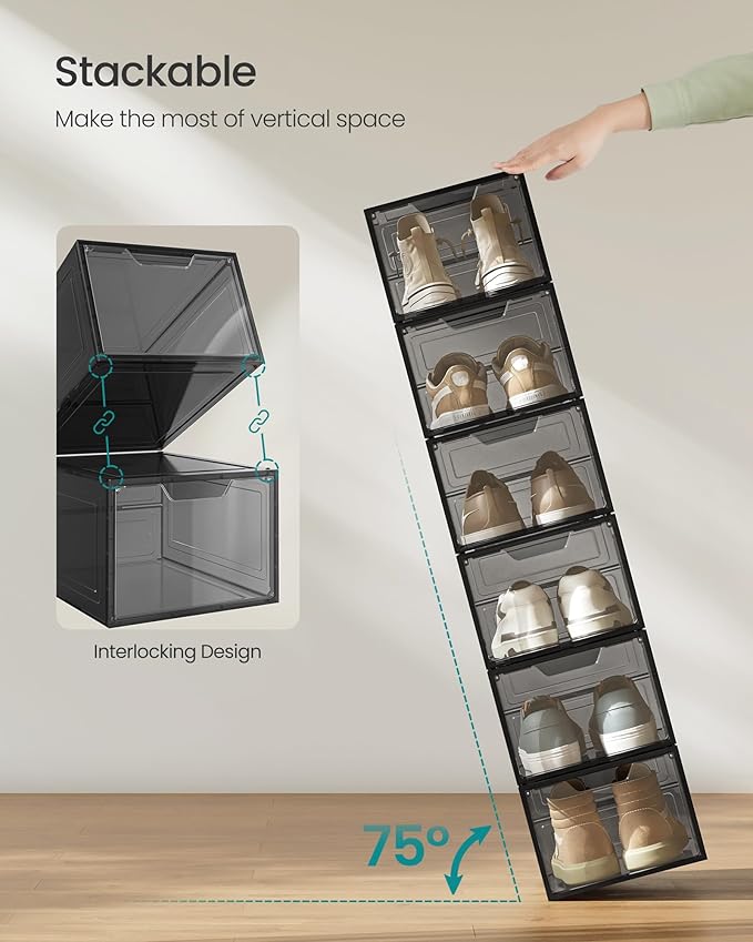 SONGMICS Shoe Boxes, Clear Shoe Organizers, Set of 12, Plastic Shoe Storage with Clear Door, Easy Assembly, up to US Size 13, Transparent Black ULSP032B12