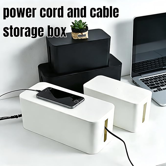 1Large+1Small Cable Organizer Set-2-Piece Home Office Desk Wire Management Storage Box,Cable Storage Box(Bamboo lid/White)