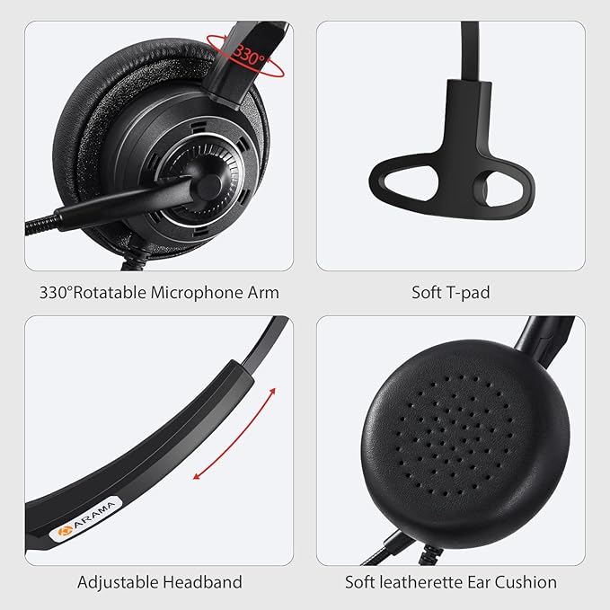 Arama USB Headset with Microphone Noise-Cancelling, Comfort Fit Computer Headset with Microphone for PC Laptop Mac Skype Zoom UC Webinar Business Call Center Home Office (Black-Monaural)