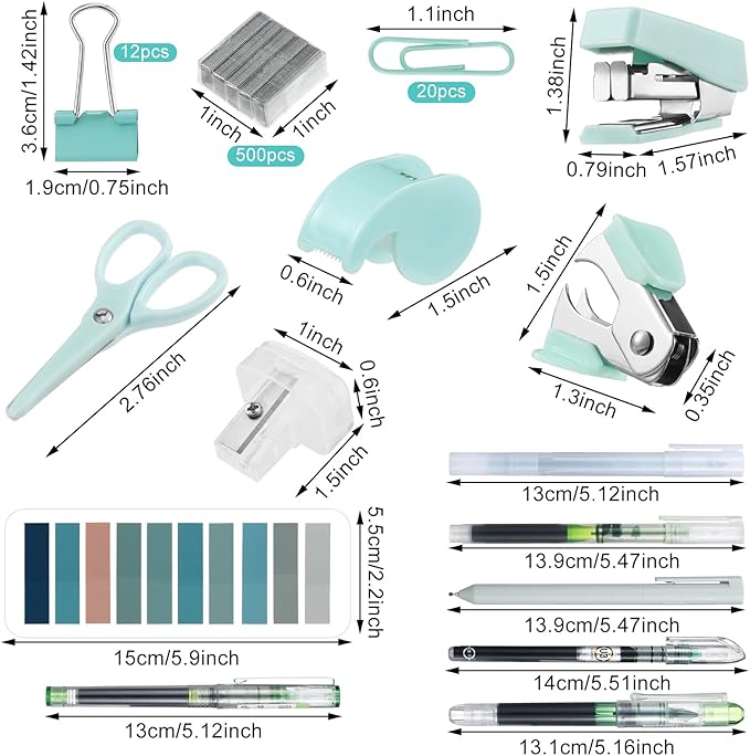 Colarr Mini Office Supply Kit Includes Stapler Tape Dispenser Staple Remover Paper Clips Scissor Staples Pen Sharpener Note Small Telescopic Knife for Office and School Clerk Student (Green)