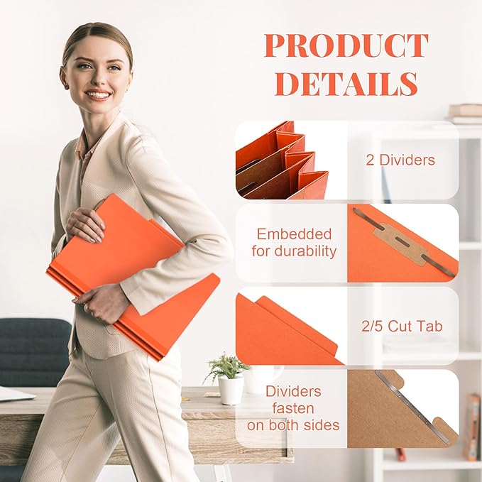Skyygemm 24 Pcs Classification Folders Letter Size Bulk - 2 Dividers Pressboard File Folder with 3. 5 Inch Expansion, 2 Prongs Fastener, Heavy Duty Office File Organizer for Teacher Medical (Orange)