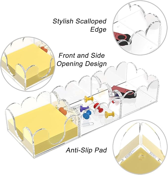 YAGELI Magnetic 3-in-1 Acrylic Sticky Note Holder Dispenser | Modern Desktop Organizer for 3x3 Post It Notes & Memo Pads with Non-Slip Base | for Productive Workspace at Office, Home or School | Clear