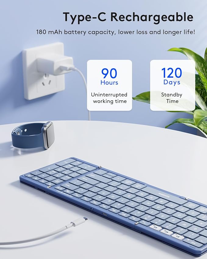 Samsers Foldable Bluetooth Keyboard with Numeric Keypad, Full-Size Wireless Folding PU Leather, Portable Travel for iOS Android Windows Mac OS, Support 3 Device(BT5.1 x 3) Blue