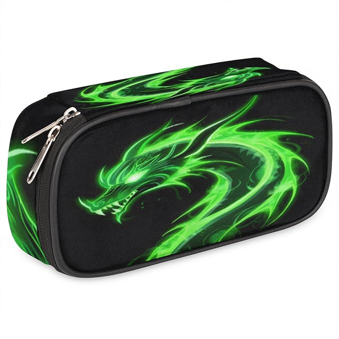 Pardick Pencil Case for Girls Boys Green Dragon Pencil Pouch Kids Teen Pencil Bags with Zipper PU Leather Pencil Organizer School Pencil Box Marker Case Organizer
