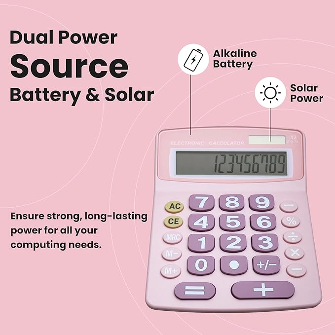 Lily' Home Jumbo 12 Digit with Solar Power, Large LCD Display - Desktop Calculator, Dual Power, Large Button Design, Battery Operation, Easy-to-Read Tilted, for Home, Office, School & Business - Pink