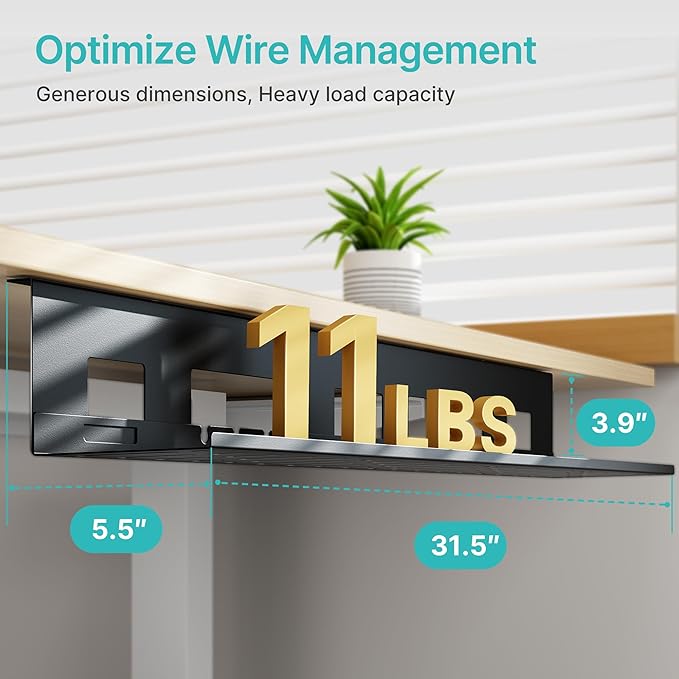 Under Desk Cable Management Tray, 31.5 Inches Metal Cord Organizer Rack, Desk Tray for Power Strip, Cord, Wire, Easy Mounting Cable Management Under Table for Home Office, Black