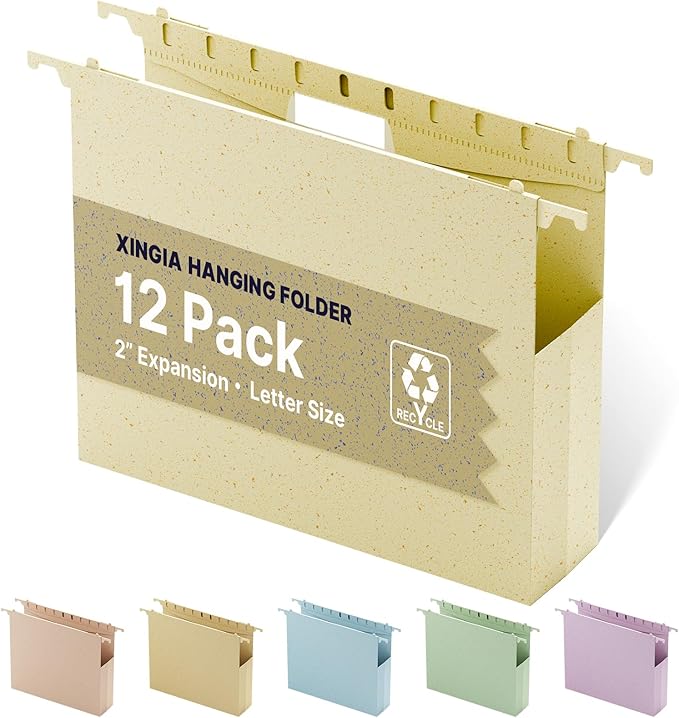Wheat Straw Plastic Hanging File Folders,2 Inch Expansion Letter Size Filing Cabinet Folders,Heavy Duty Expandable File Folder,12 Pack Extra Capacity Hanging Folders with Tab (Morandi Beige)