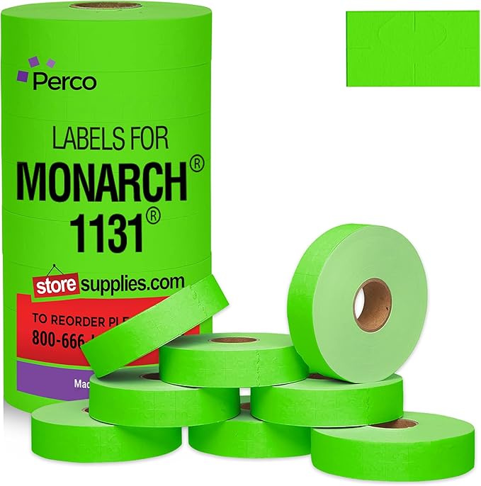 Perco Fluorescent Green Pricing Labels for Monarch 1131 Price Gun - 1 Sleeve, 8 Rolls, 20,000 Price Marking Labels - with Ink Roll Included
