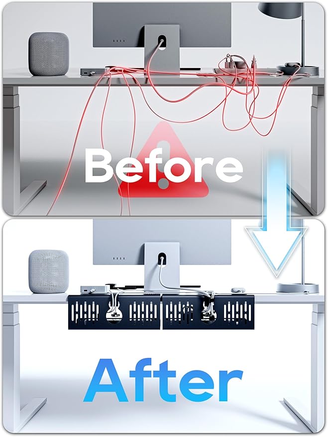 NODOCA No Drill Under Desk Cable Management Tray, 14'' Wire Management, Punch-Free Clamp on, Metal Cable Tray, Wire Organizer Under Desk, Under Desk Basket for Office and Home, Black(2 Packs)