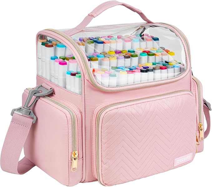 Large Marker Organizer Case for 200-300 Markers,Travel Marker Storage Bag with Dividers and 4 Pockets,Marker Organizer Holder for Paint Brushes,Colored Pencils and Other Art Supplies,Bag Only,Pink