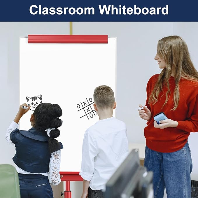 TSJ OFFICE Mobile Whiteboard Magnetic - 40 x 26 Inches Dry Erase Board on Wheel with Stand Flipchart Easel Height Adjustable,Red