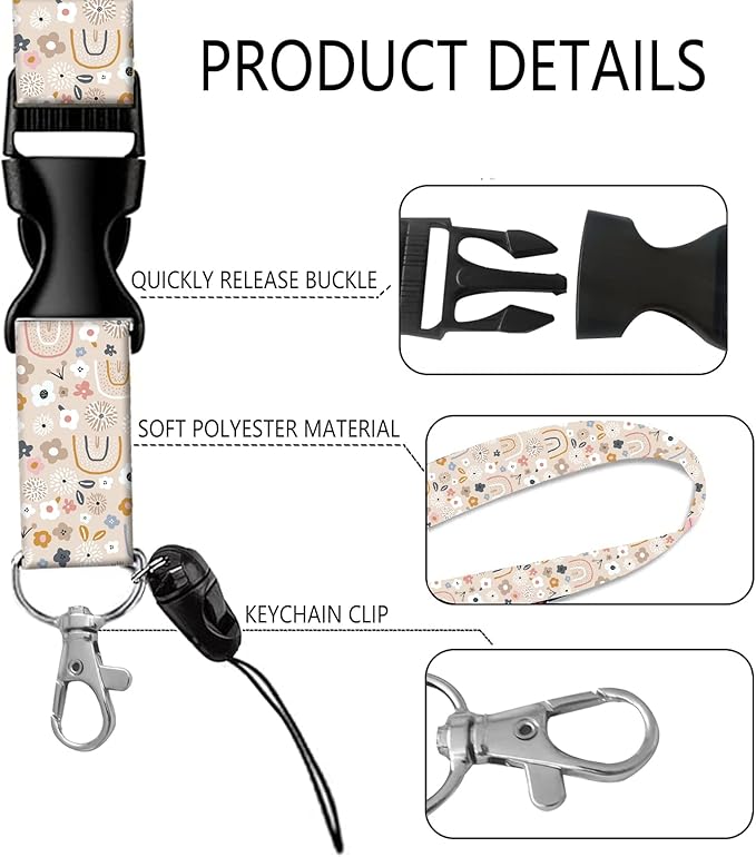 BLOCIT ID Badge Holder with Lanyard - Fashionable ID Card Holders with Retractable Lanyards - Soft Fiber Metal Clip Sturdy Buckle for Key Wallet - Work Nurse Teacher (Cute Flowers Rainbows)