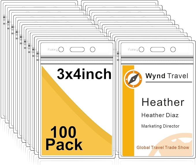 Fushing Pack of 100 Clear Plastic Vertical Badge Holders, Name Tag Holders, Card Holders (L)