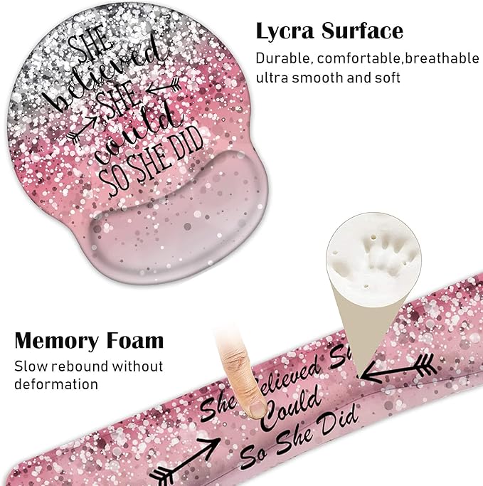 Keyboard Wrist Rest and Mouse Pad Wrist Support Set with Coasters, She Believed She Could So She Did Inspirational Quote Wrist Mouse Pad with Non-Slip PU Base for Computer Laptop Home Office