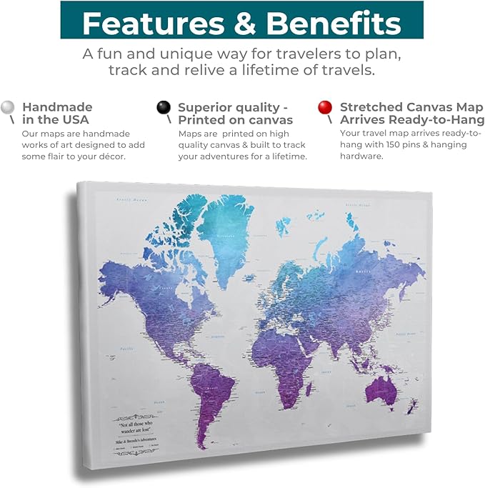 Gallery Wrapped - Vibrant Violet Watercolor World Push Pin Travel Map with pins