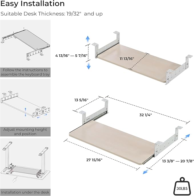 EUREKA ERGONOMIC Adjustable Keyboard Tray Under Desk, 28x11 Inch Large Slide Out Keyboard & Mouse Platform Tray, Wooden Pull Out Computer Keyboard Drawer for Typing Home Office Desk, Maple