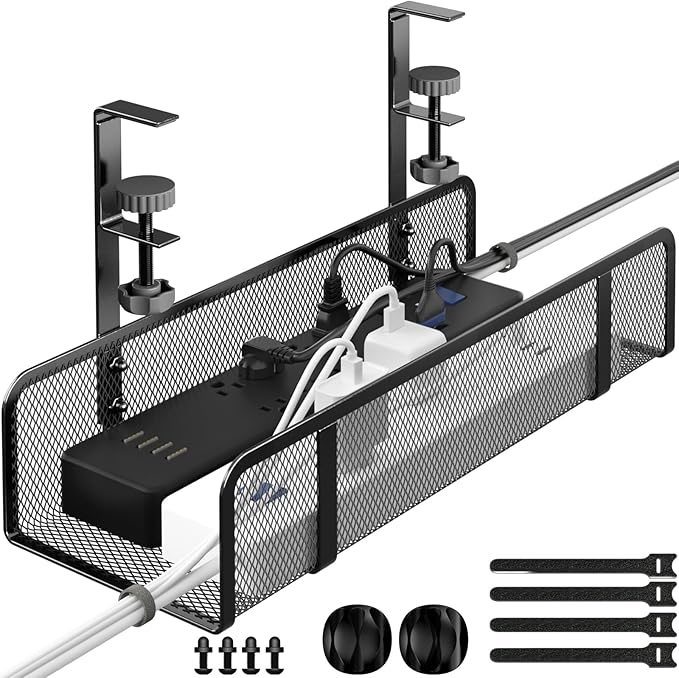 Under Desk Cable Management Tray, Wire Management Desk Cable Organizer Cable Management Box, Cord Organizer Storage for Office, Home