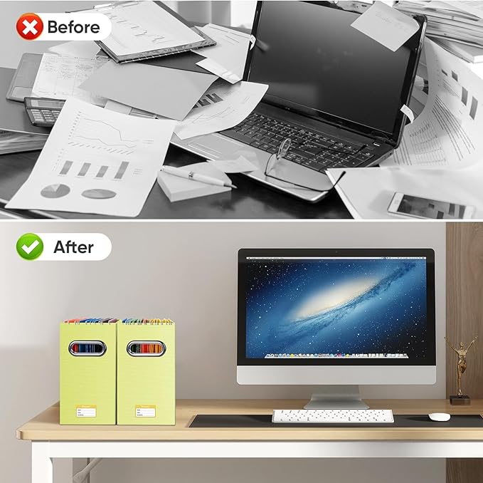 BALEINE File Organizer Box, Cardboard File Folder Organizer with Handle for Letter Size, Portable Collapsible Hanging Filing Box for Home Office Document Storage (2 Pack, Yellow)