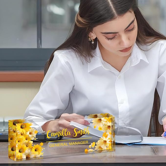 Personalized Name Plate for Desk, Custom Acrylic Desk Name Sign, Office Appreciation Gifts for Women Men Coworkers Boss Teacher Employee (Flower-Sunflower)