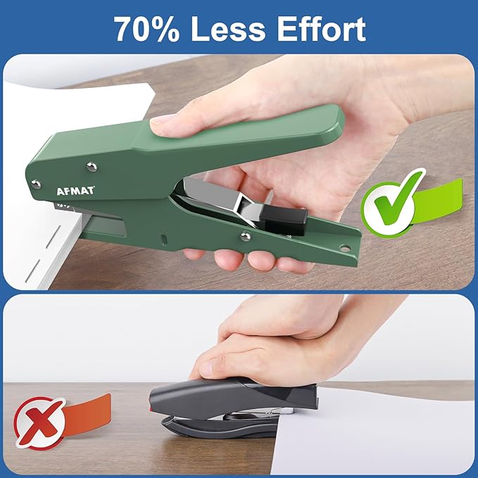 AFMAT Effortless Plier Stapler, Metal 35 Sheet Stapling Plier, 15000+ Stapling Times, with Staples & Reload Button, Handheld Stapler Heavy Duty, Space Save Size, Good for Office, Home, School, Green