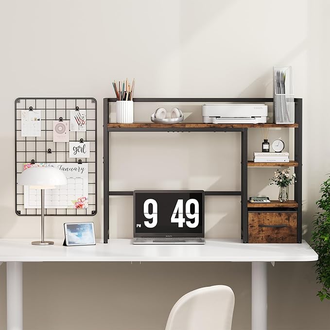 Marbrasse Desk Shelf with Drawer, 40" Desk Hutch for Computer Monitor, Wooden Desktop Bookshelf Storage Rack for Home Office Dorm - Dark Brown