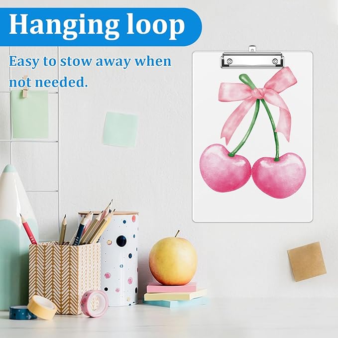 Pink Cherry Bow Clipboard Decorative Clip Board with Metal Clip A4 Standard Size 12.5" X 8.7" for Teacher Students Nurses Office