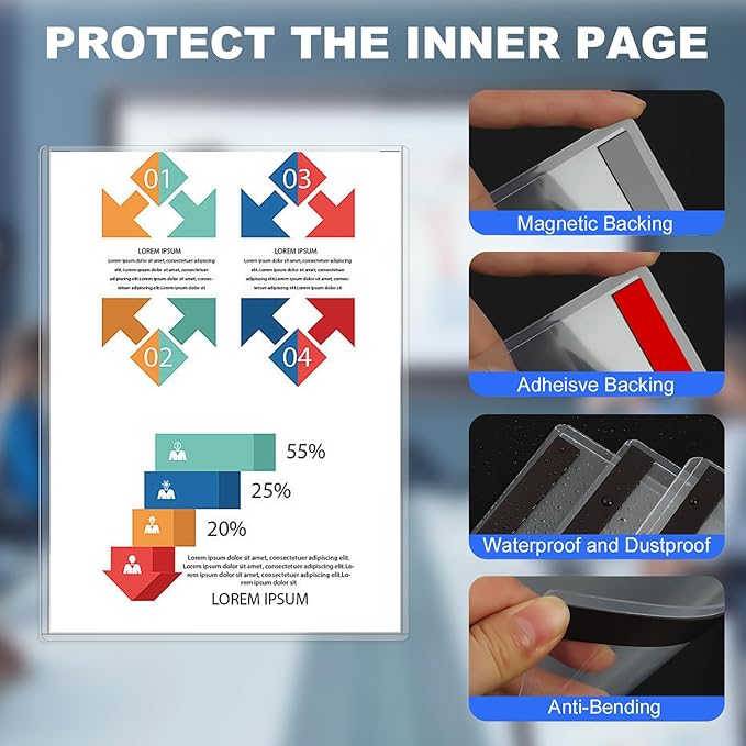 10 Pack 8.5'' x 11'' Inch Magnetic Sign Holders, Rigid Print Protectors, Paper Holder With Adhesive Tape, Plastic Document Holder For Posters Letter Paper Picture, Wall Mount Magnetic Frame for Refrigerator Window, Door, Home, Office, and Store