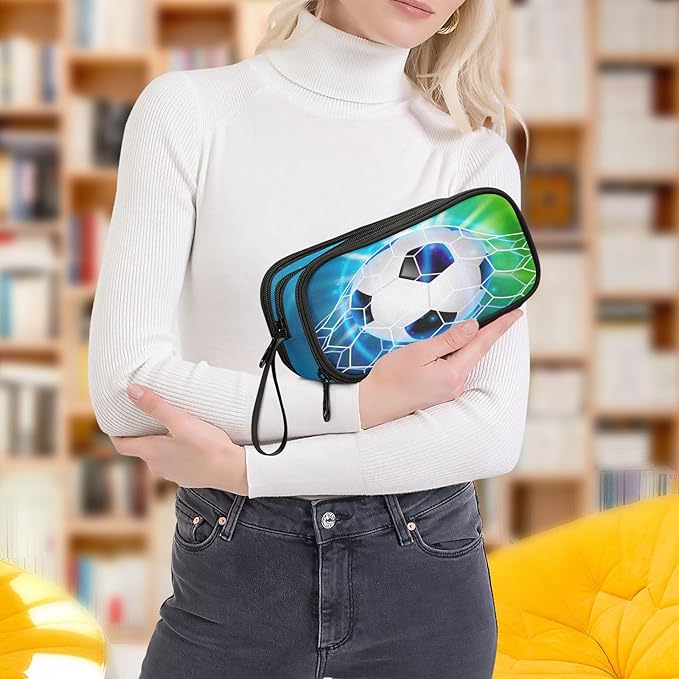 Soccer Football on Field Pencil Case Box Boys Girls Large Pencil Pouch with Zipper Compartments Big Capacity Stationery Pen Bag Organizer for Kids Teens Adults School