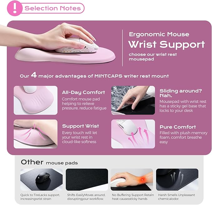 Ergonomic Mousepad with Wrist Rest Pink, Wrist Rest for Mouse Pad, Memory Foam with Massage Design, Non-Slip PU Base for Office and Home