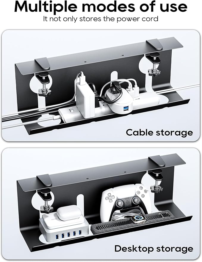 NODOCA No Drill Under Desk Cable Management Tray, 17'' Wire Management, Punch-Free Clamp on, Metal Cable Tray, Wire Organizer Under Desk, Under Desk Basket for Office and Home, Black(2 Packs)