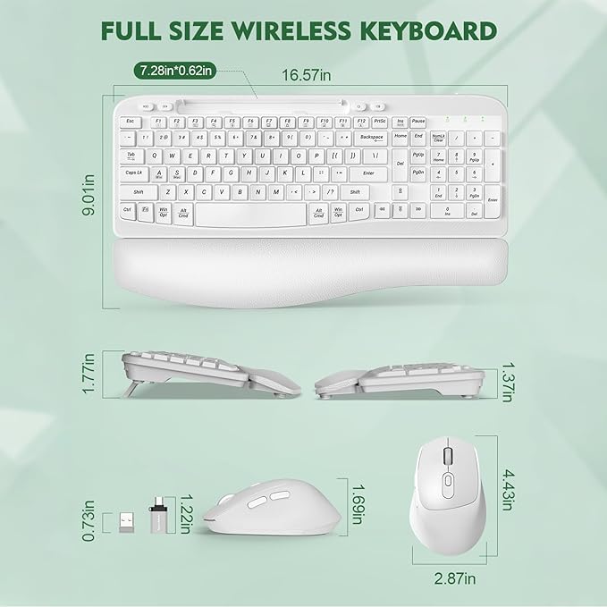 Wireless Keyboard and Mouse Combo, Wave Keys Full-Sized Ergonomic Keyboard with Cushioned Plam Rest, Phone Holder, Comfortable Natural Typing, 2.4G Cordless Set for Computer, Laptop, PC, Mac, Windows