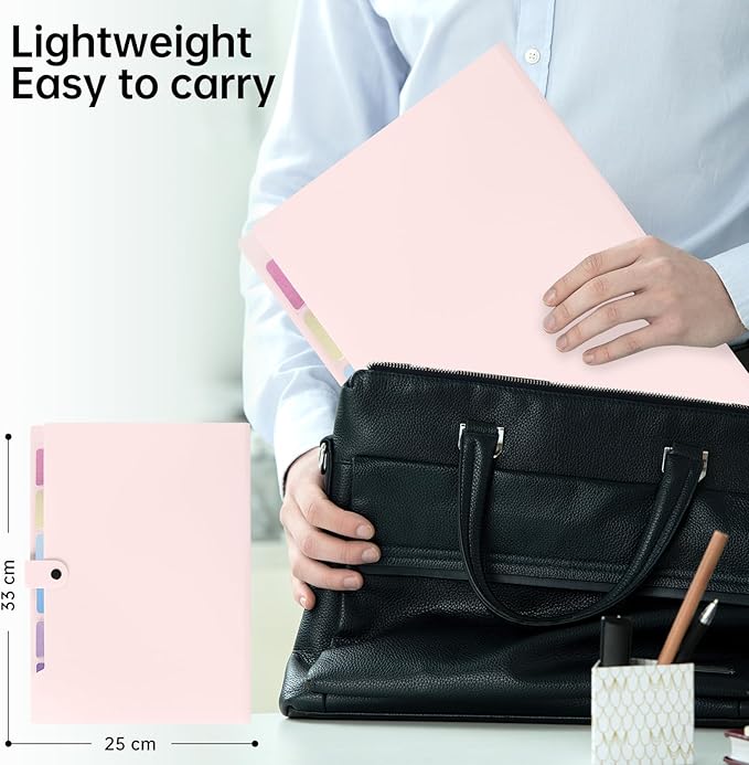 2 Pack Expanding File Folder Organizer with 8 Pockets, Accordion File Organizer for Documents, A4/Letter Size Paper File Folder Organizer with Labels, Portable Folders for School Office Supplies, Pink