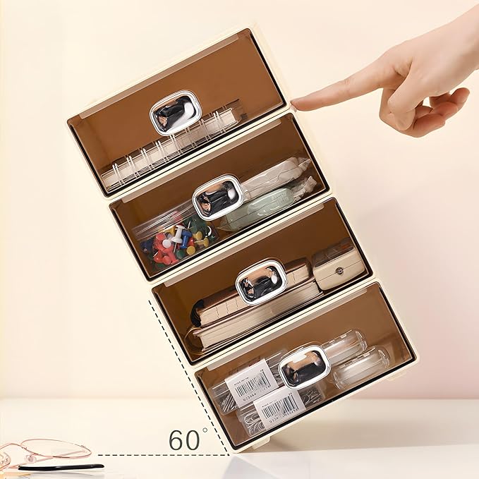 Spacious Desk Drawers, Stackable Desktop Organizer, Plastic Storage Box for Office, School & Home Supplies (1 Middle & 2 Small Drawers, Cream)