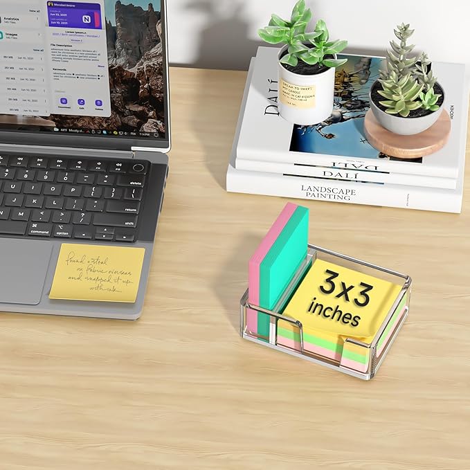 Sticky Note Holder with Pen Slot, Crystal Clear Acrylic Notepad Holder 3x3 in Self-Stick Note Dispenser Office Desk Accessories, Memo Pad Holder Organizer for Classroom School Supplies