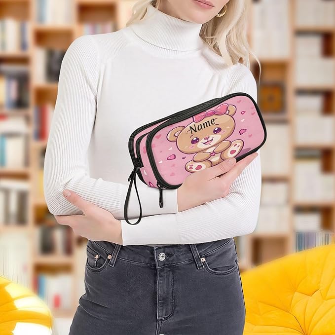 Custom Cute Teddy Bear Pencil Case Box Boys Girls Personalized Name Large Pencil Pouch Stationery Pen Bag Organizer for Kids Adults School Office