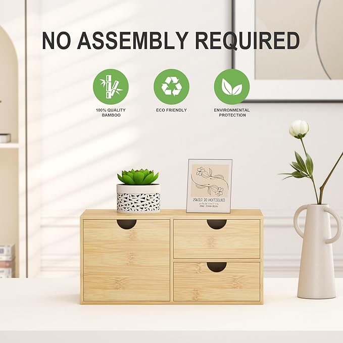 Wisuce Desk Organizer with Drawers - Bamboo Desktop Organizer Storage Natural Wood Desk Drawers Organizer for Bills, Office Supplies, Cosmetics, Seals No Assembly Required 3 Drawers（left-right)