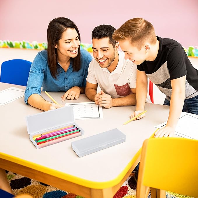 50 Pcs Clear Pencil Boxes Plastic Pencil Cases Bulk Frosted White Pen Storage with Hinged Lid Clear Pen Holder for Office Supplies Organization 7.17 × 2.36 × 0.94 Inch