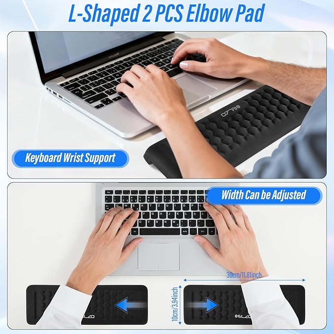 ELZO Desk Elbow Pads (2-Pack) L-Shaped Rest for Desk, Ergonomic Arm Rest Support, Memory Foam Desk Edge Cushion for Palm, Wrist & Forearm, Prevents Elbow & Wrist Strain
