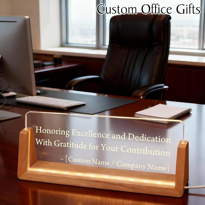 Personalized LED Name Plate for Desk, Light Up Acrylic Office Decor Desk Name Plate with Wooden Base, Custom Name Logo Quote, Appreciation Gifts for Boss Coworkers Employee Women Men (Tribute Honor)