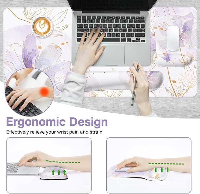 MOSISO Desk Mat Keyboard Mouse Pad Set, Large Gaming Mouse Pad&Keyboard Wrist Rest&Mousepad with Wrist Rest&Coaster, Ergonomic Non-Slip Home Office Mousepad with Memory Foam, Purple