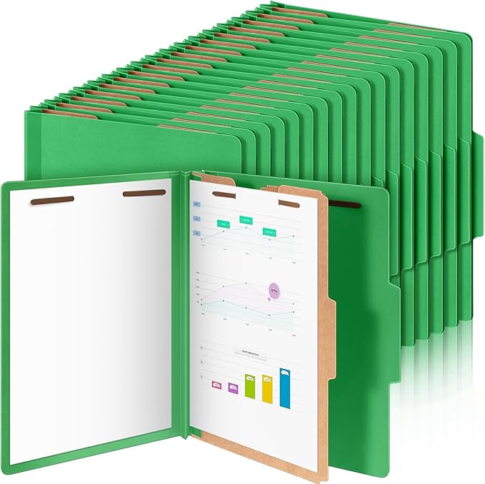 Skyygemm 60 Pcs Classification Folders Letter Size, 1 Divider Pressboard File Folder with Fasteners, Expanding Tax File Organizer Bulk for Teachers, Office, Church, Christmas Donations (Green)