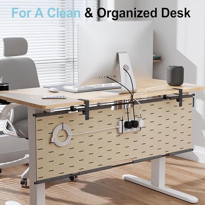 2-in-1 Under Desk Cable Management Tray & Privacy Panel, Dual-Sided Felt Cord Organizer to Hide Wires and Clutter, Desk Mount Cord Holder for Office and Home, Clamp or Screw Mount (Gray/Khaki, 30")