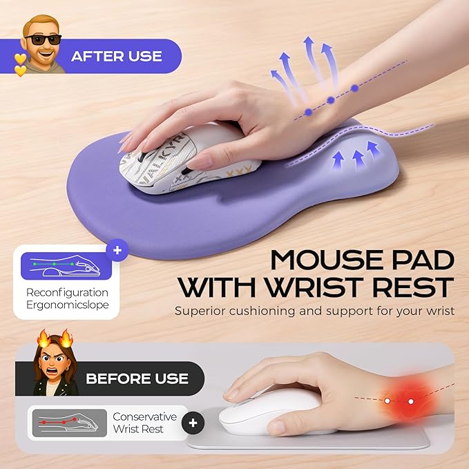 Ergonomic Mouse Pad with Wrist Rest - Purple Mousepad Wrist Support, Memory Foam with Massage Design Wrist Rest for Mouse