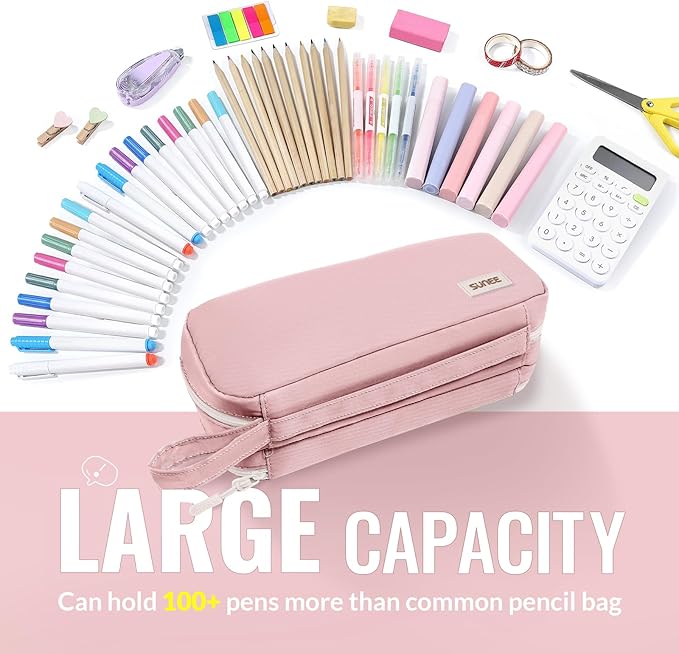 SUNEE Pencil Case, Large Capacity Pencil Pouch, Aesthetic Pen Bag Office Stationery Organizer Simple Sturdy Multifunctional for Teen Girls Women Men, Pink