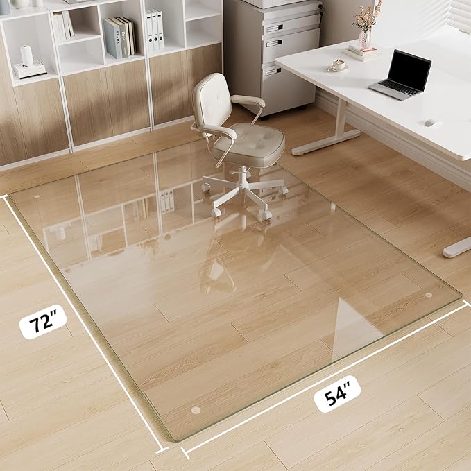 FlyEcho Glass Chair Mat 54" x 72" Heavy Duty Tempered Glass Office Chair Mat, Glass Floor Mat with Polished Edge and Round Corner for Smooth Glide, Carpet Hardwood Floor Protector