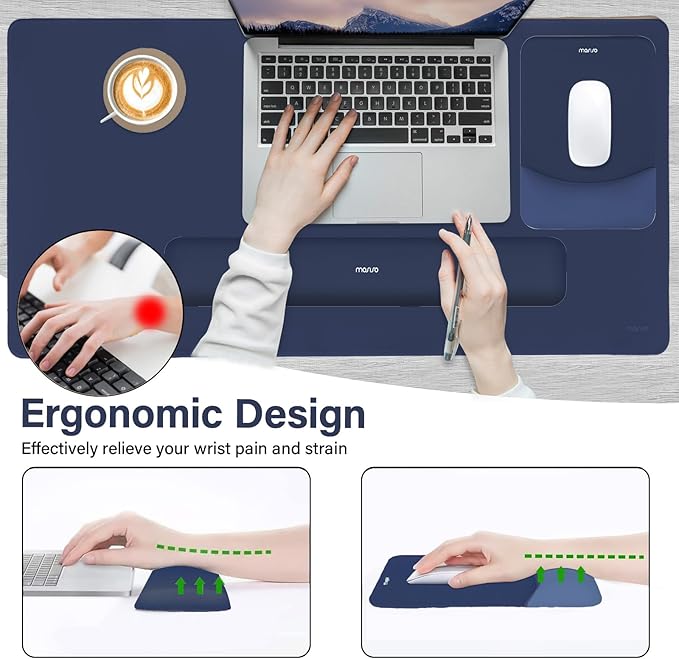 MOSISO Keyboard Mouse Pad Set, Large Gaming Mouse Pad&Rectangular Keyboard Wrist Rest&Mousepad with Wrist Rest&Coaster, Ergonomic Non-Slip&Easy Typing Pad with Curved Silicone Lining, Navy Blue