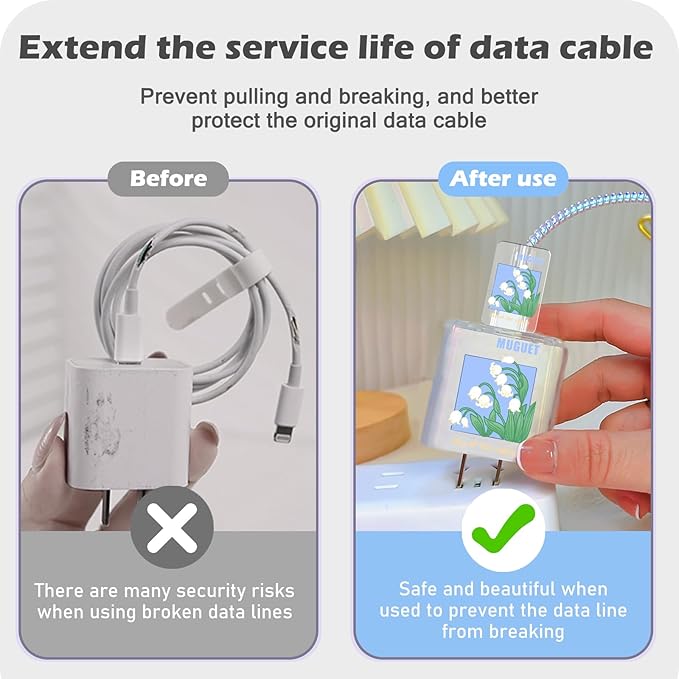 Lovely DIY Cable Protector for iPhone 18W/20W Charger,Cute Muguet Flowers Design Transparent Data Line Cable Saver, Phone Charging Protector for Apple Charger Case