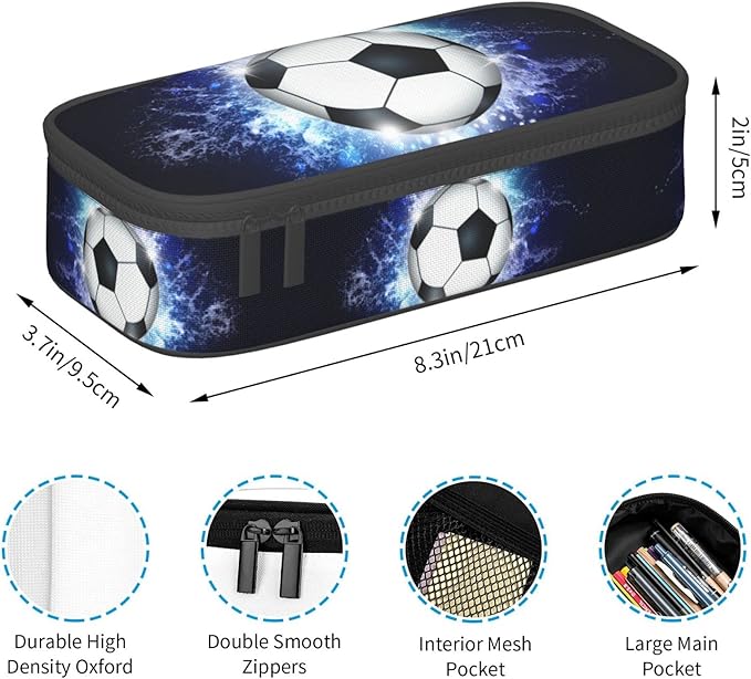 Soccer Ball Pencil Box Sports Pencil Case for Boys Men, Large Capacity Durable Blue Black Pencil Pouch Storage Pen Bag Stationary Case with Double Zippers