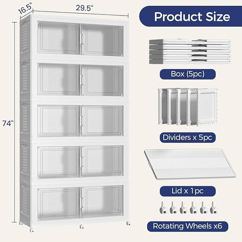 200GAL Storage Bins with Lid and Wheels, Stackable Closet Organizers and Storage Drawer, Collapsible Storage Box with Dividers, Foldable Plastic Cabinets for Room, Kitchen, 5 Pack White